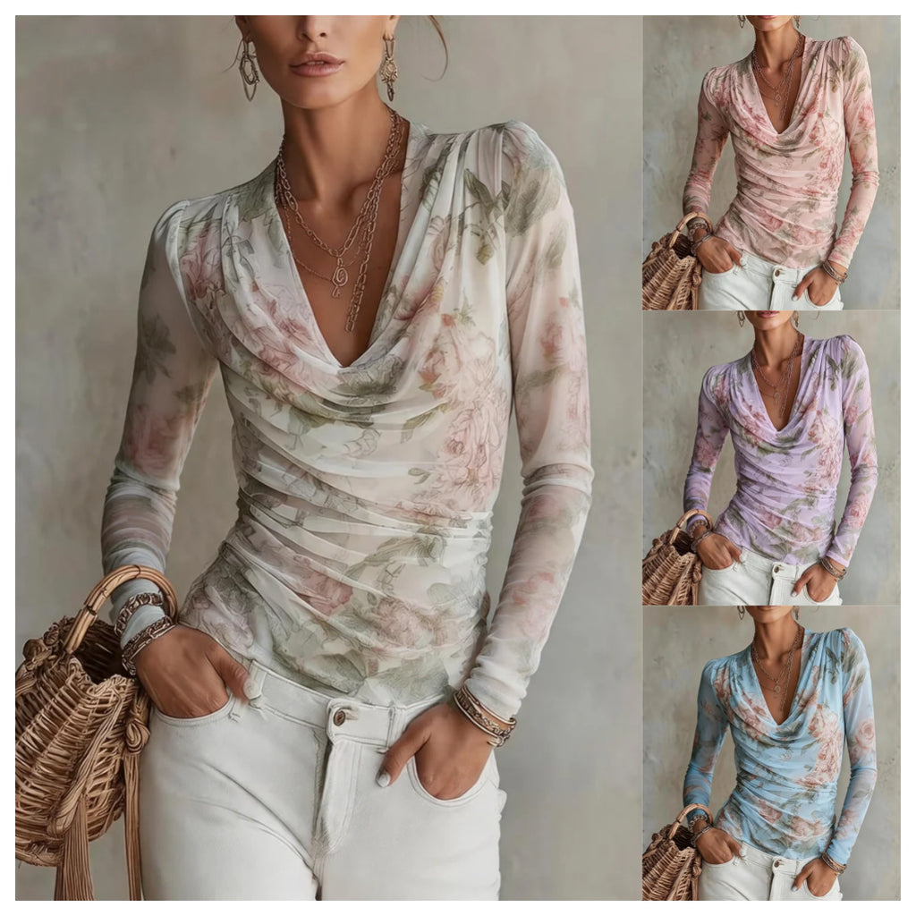Womens Off-shoulder V-neck Cinched-waist Floral Chiffon Long-sleeve Top – Premium 0 | RICALOUX