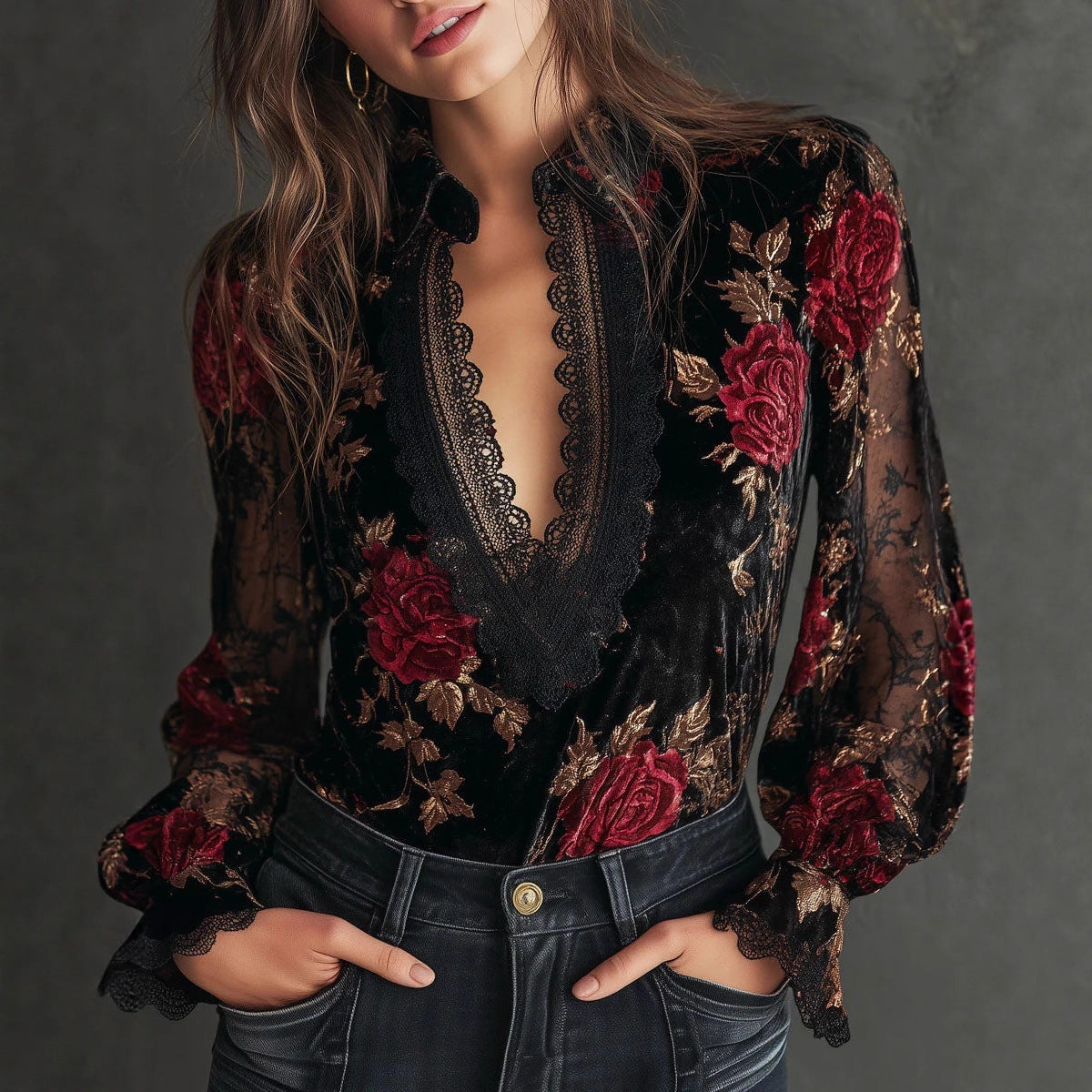 Womens Loose-fit Long-sleeve Gold Velvet Blouse by Ricaloux