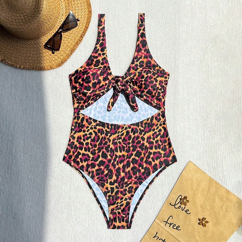 European And American Leopard-print Midriff-baring One-piece Swimsuit by Ricaloux