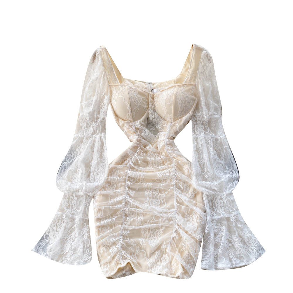 Women's Temperament Square Neck Lace Perspective Lantern Sleeve Waist Bag Hip Dress - RICALOUX