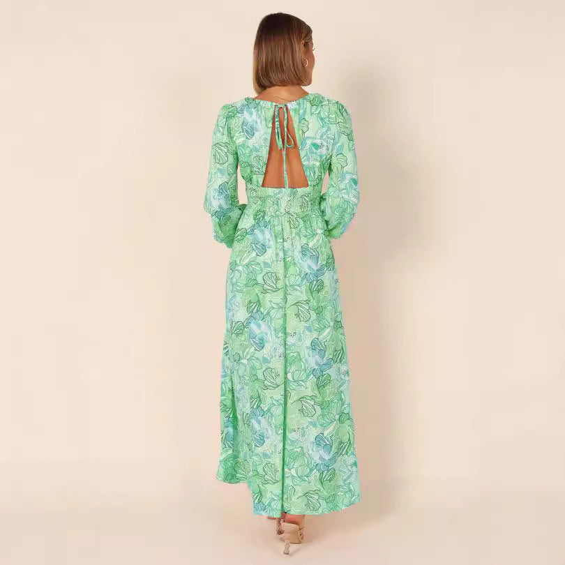 Printed Backless Deep-V Sexy Best-selling Long-sleeve Dress – Premium 0 | RICALOUX