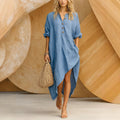 Womens Fashion Casual Buttoned Half-sleeve Asymmetrical-hem Midi Dress by Ricaloux