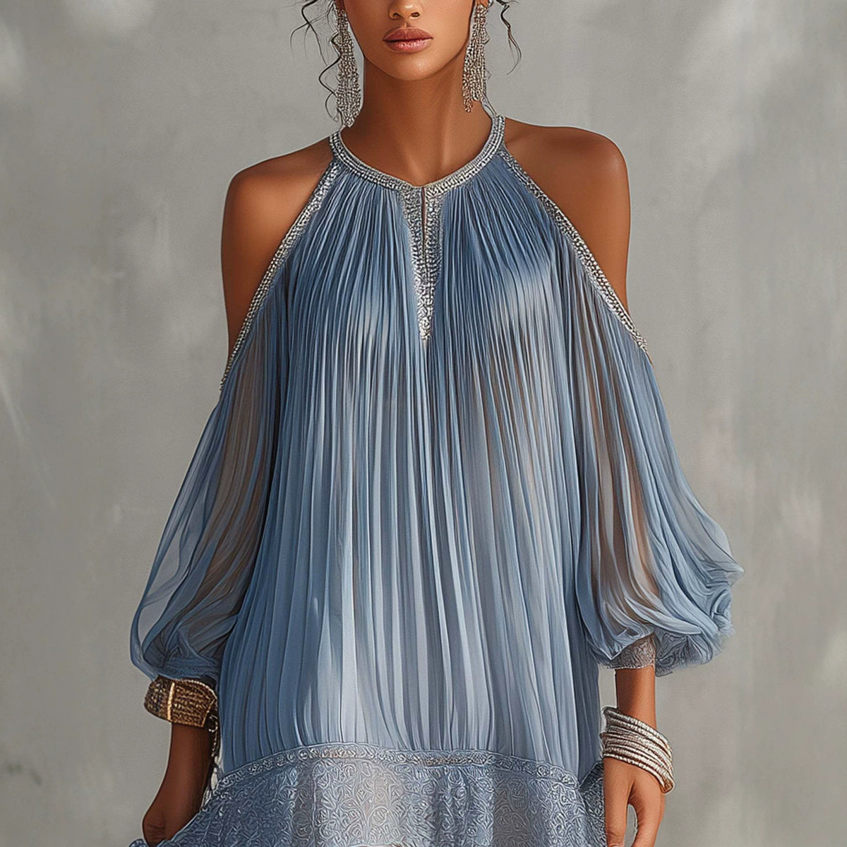 Loose-fit Puff-sleeved Lace-trimmed Resort Beach Mini Dress – Premium 0 | RICALOUX