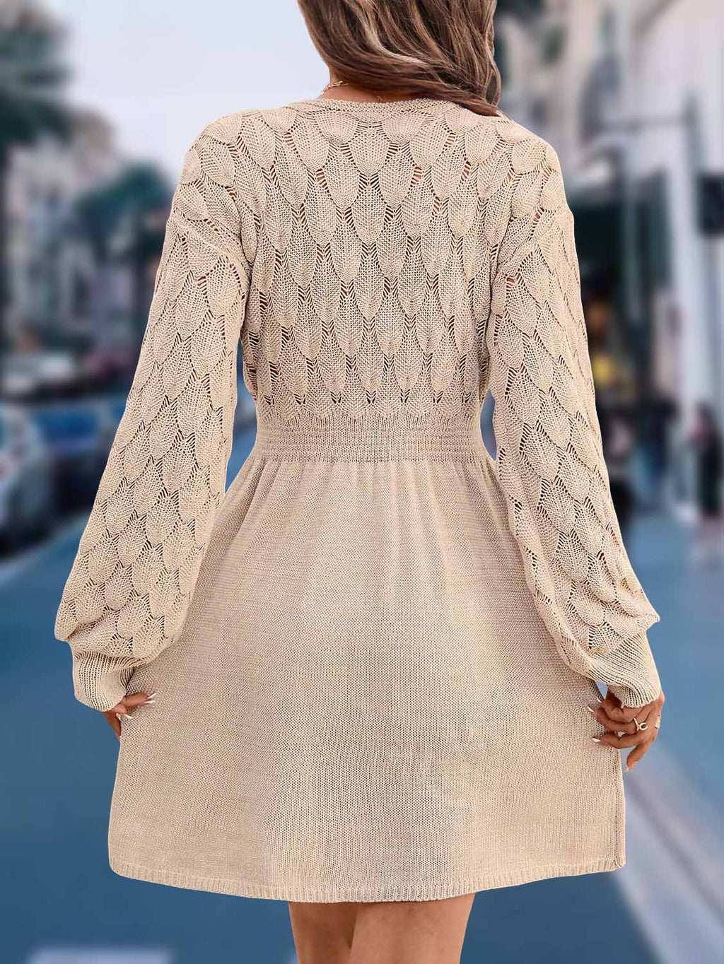 2025 Cross-Border Women V Neck Maxi Beach Dress, 3D Scale Textured Crochet Knit Long Sleeve A-Line Swim Cover Up Dress For Summer Vacation by Ricaloux