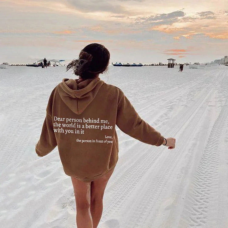 Dear Person Behind Me,the World Is A Better Place,with You In It,love,the Person In Front Of You,Women's Plush Letter Printed Kangaroo Pocket Drawstring Printed Hoodie Unisex Trendy Hoodies – Premium 0 | RICALOUX