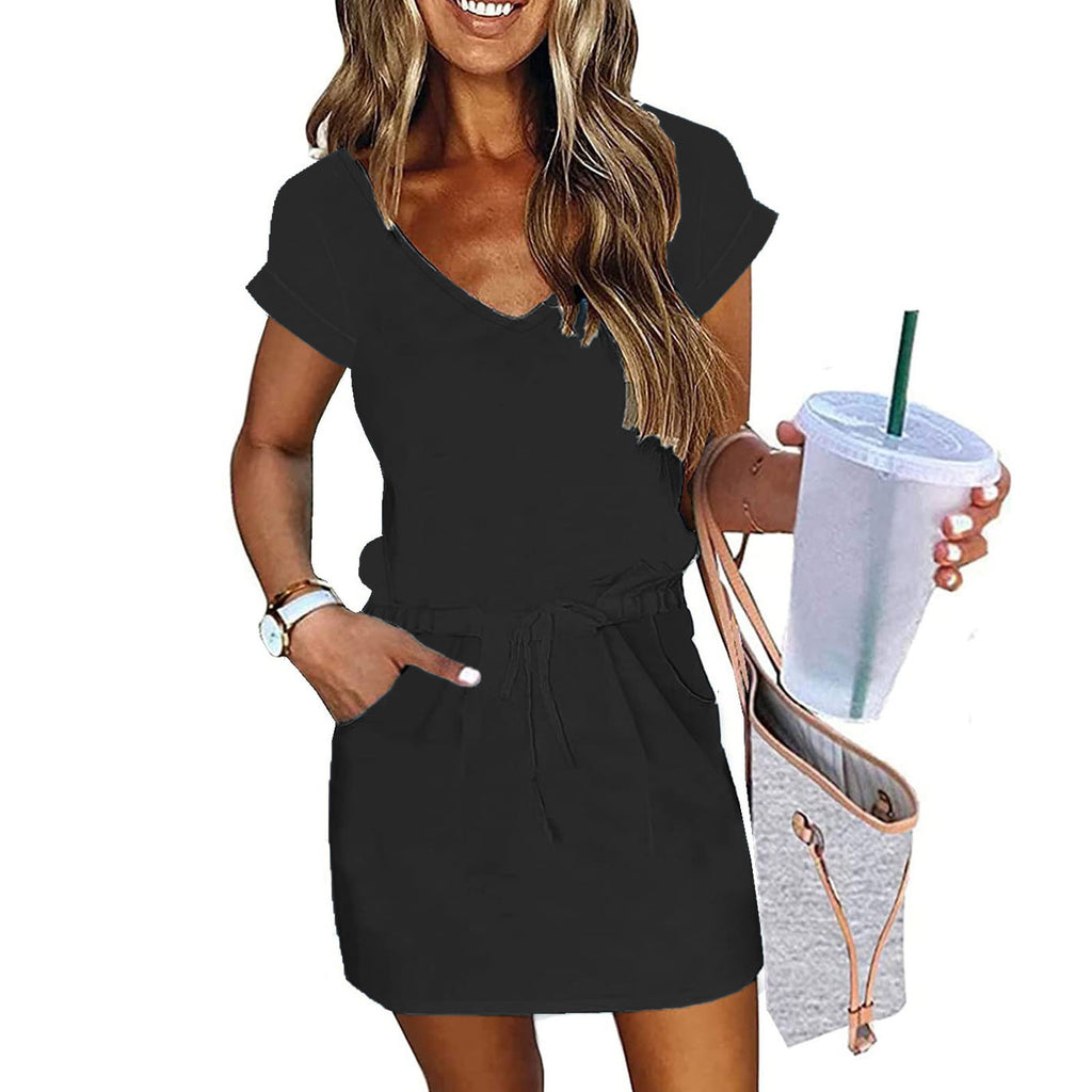 V-neck Short-sleeved Pullover Dress With Drawstring Elastic Waist And Pockets by Ricaloux