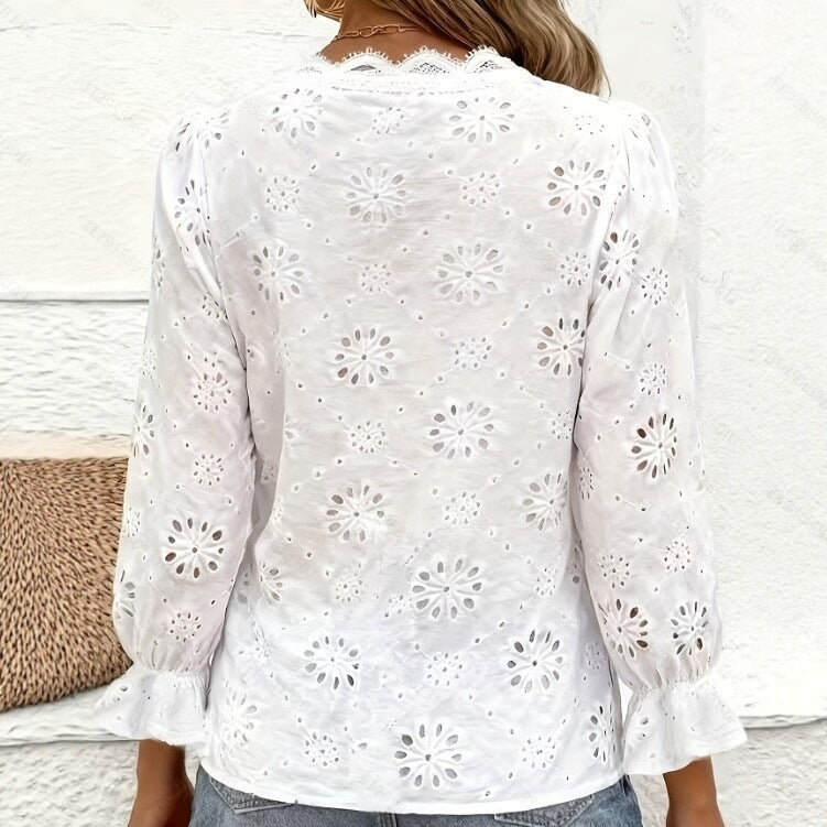 V-neck Ruffled Long-sleeve Top Elegant Style by Ricaloux