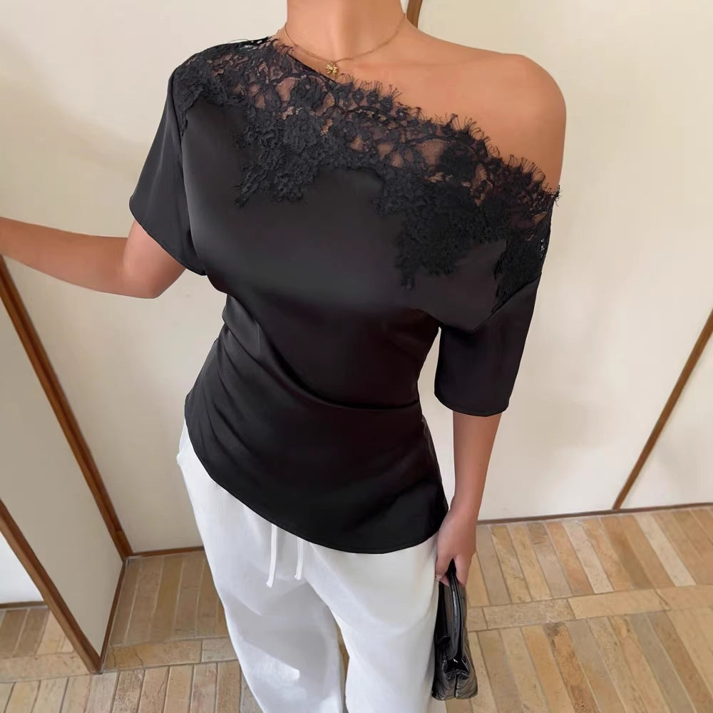 Womens New Solid-color Lace-trimmed Top by Ricaloux