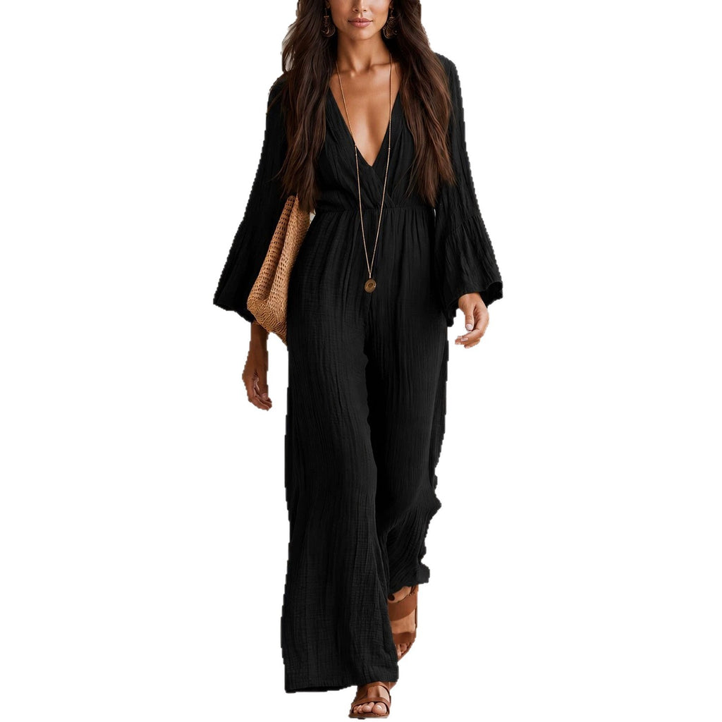Womens Long-sleeve V-neck Bohemian-style Elastic-waist Jumpsuit by Ricaloux