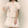 Retro Sweet Floral Embroidered Peter Pan Collar Shirt And Skirt Set by Ricaloux