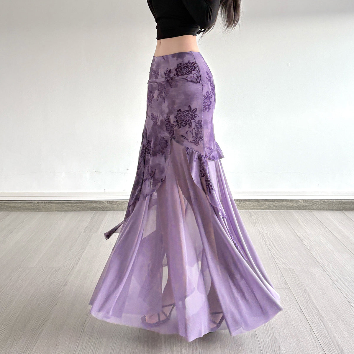 Irregular Purple Floral-print Mesh Patchwork Skirt by Ricaloux