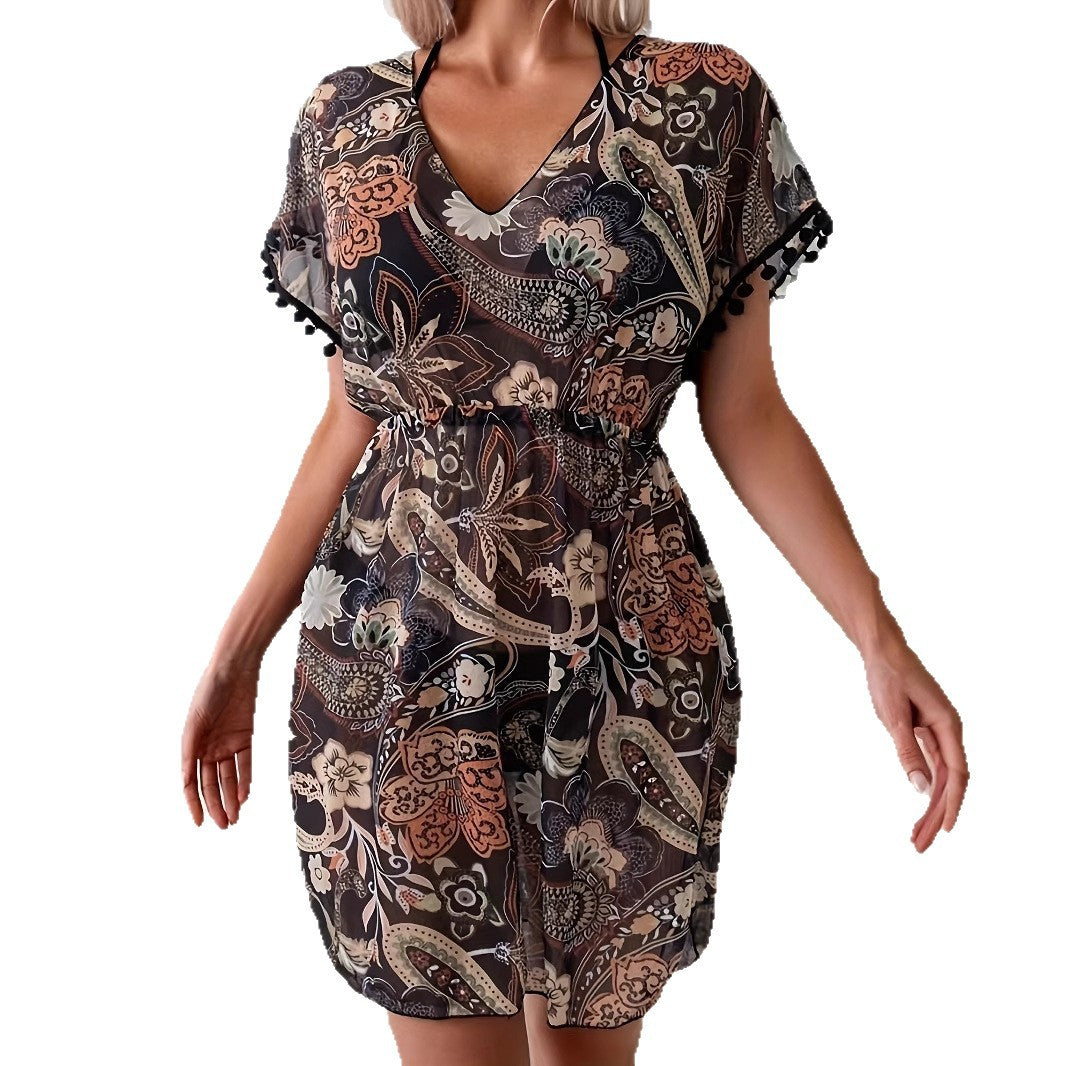 Fashionable Short-sleeve V-neck Dress With An Elastic Waist – Premium 0 | RICALOUX