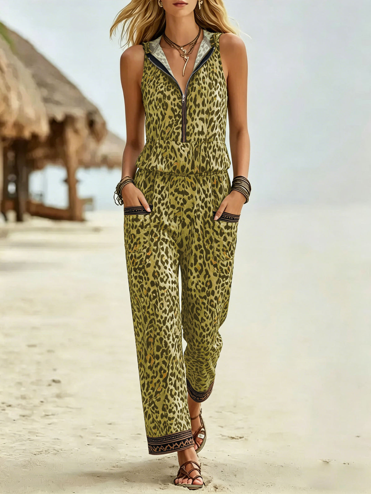Summer Leopard Print Hooded Sleeveless Vest & Wide-Leg Pants Set With Pockets by Ricaloux