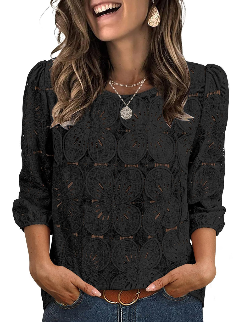 Womens Solid-color Casual Hollow-out Lace Three-quarter-sleeve Crew-neck Top – Premium 0 | RICALOUX