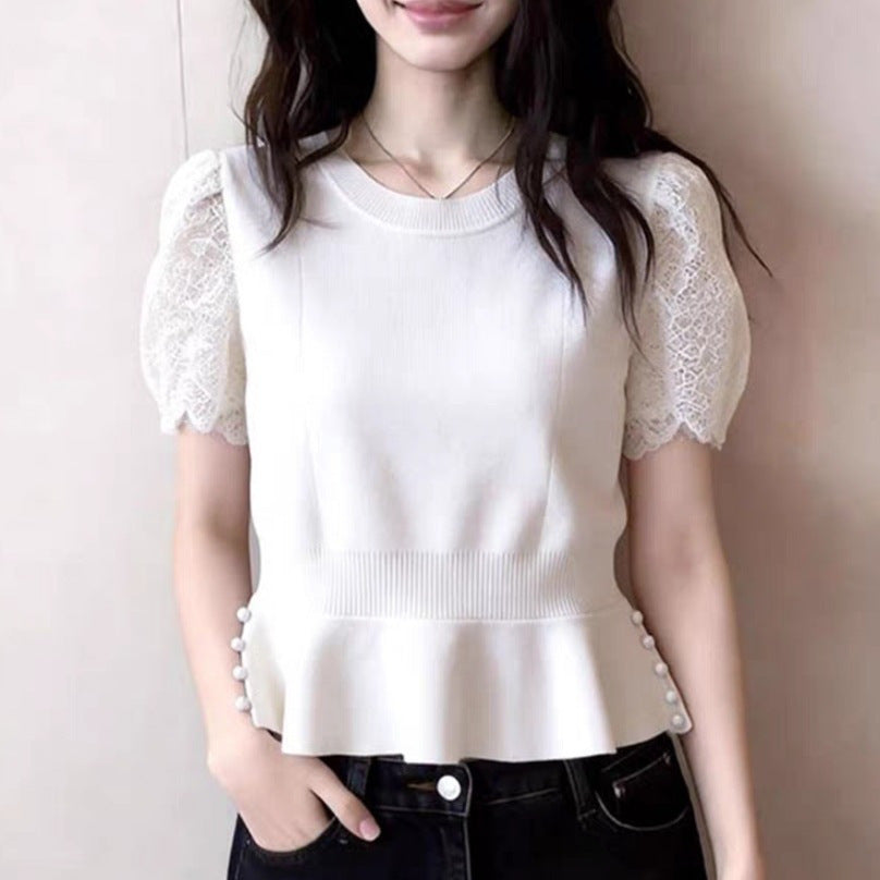 Fashionable And Elegant Patchwork Lace Short-sleeve Knit Top – Premium 0 | RICALOUX