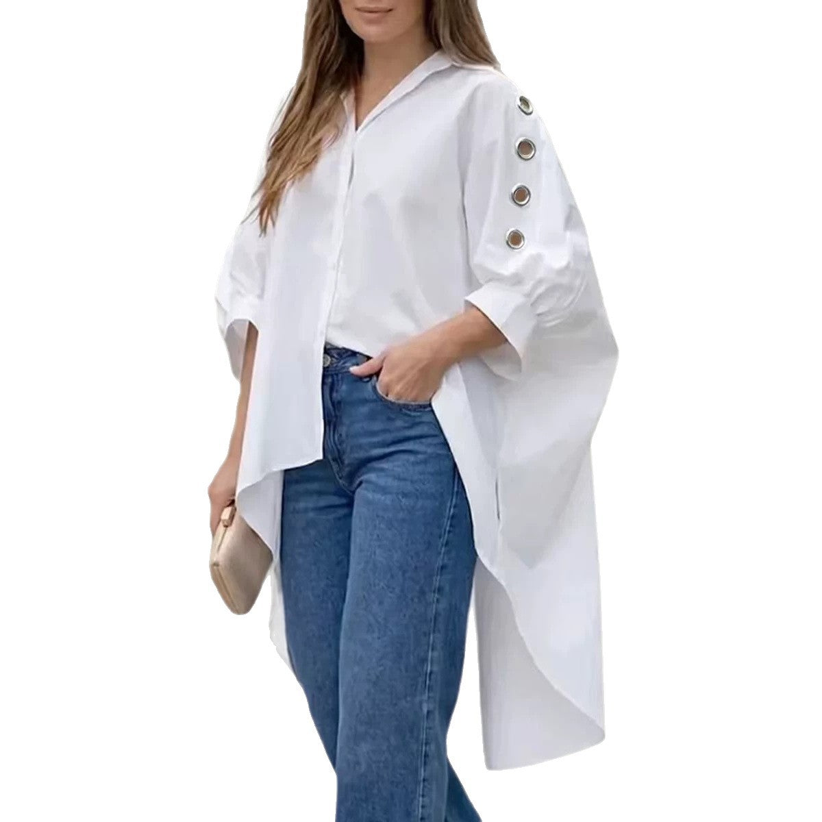 Womens Loose-fit Solid-color Long-sleeve Shirt by Ricaloux