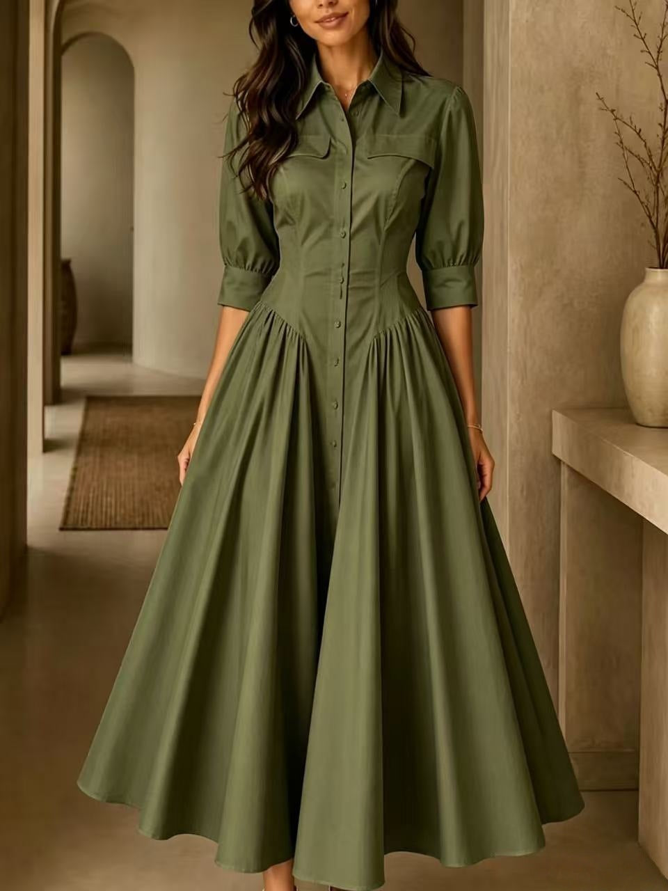Cotton-linen Blend Single-breasted High-waisted Solid-color Dress by Ricaloux