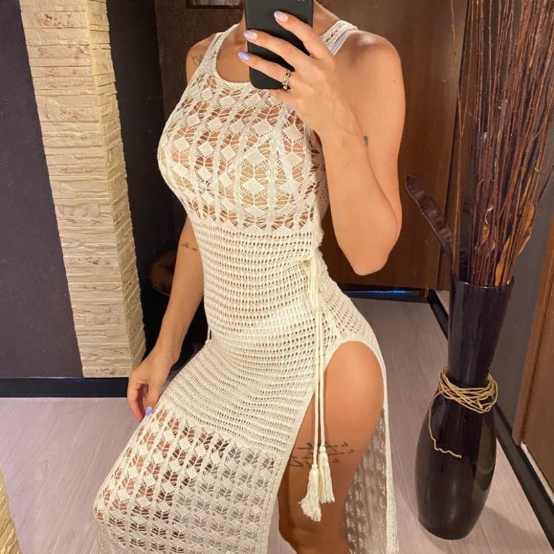 Women's Hollow-out Solid Color Round Neck Sleeveless Tassel Bikini Blouse Dress - RICALOUX