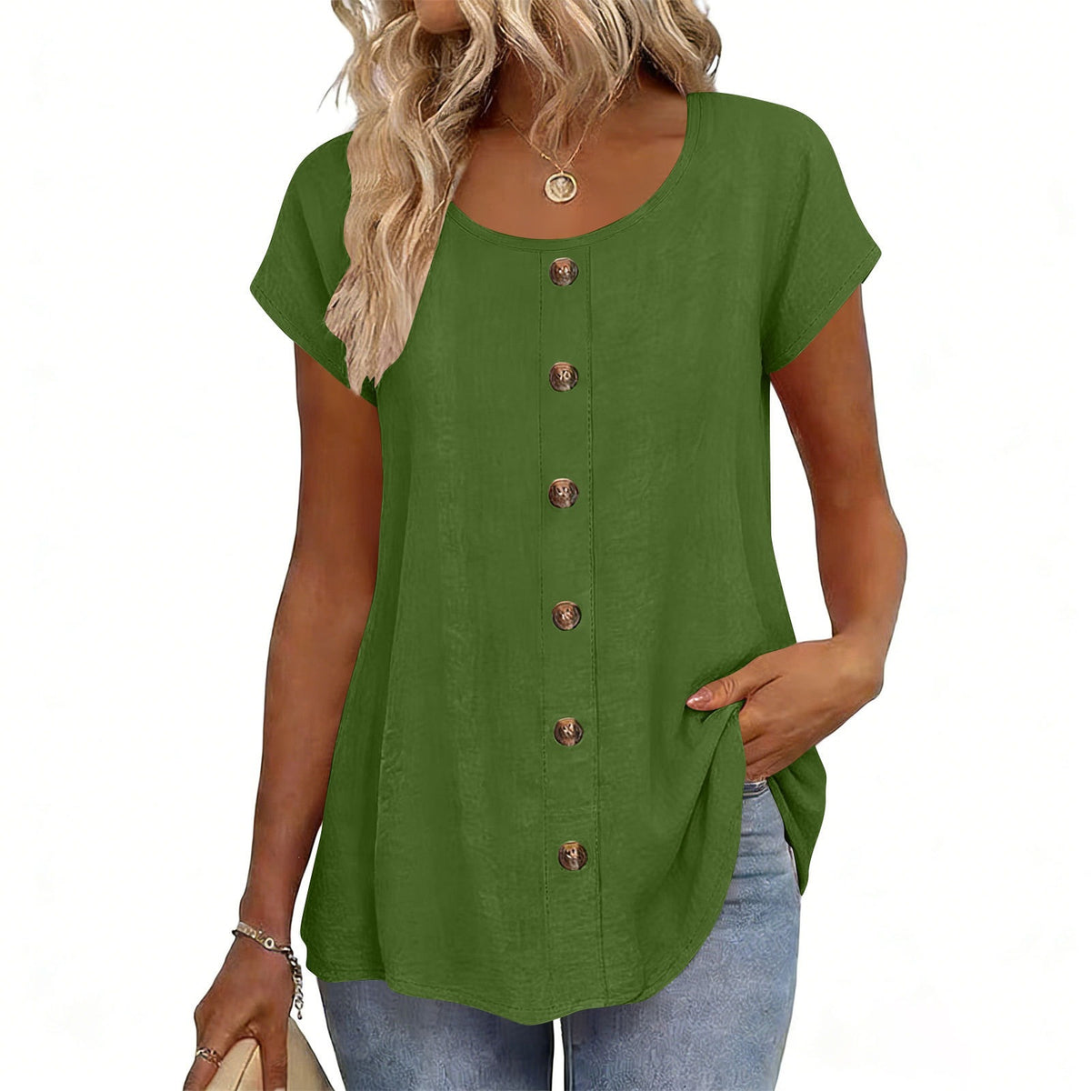 Womens Elegant And Fashionable Solid-color Round-neck Short-sleeve Top by Ricaloux
