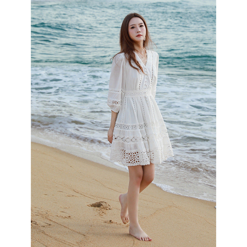White Lantern-sleeve V-neck Dress – Premium 0 | RICALOUX
