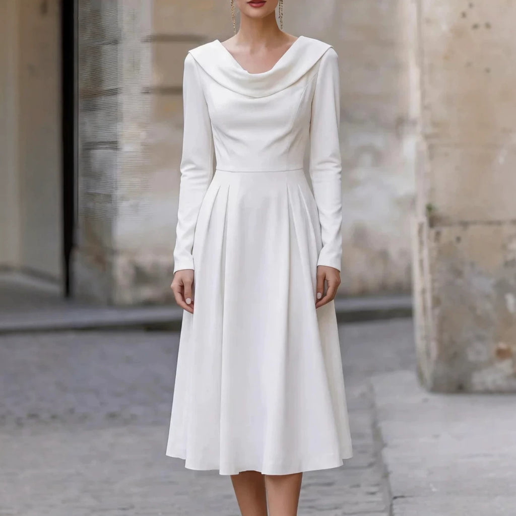 Elegant Boat-neck Satin Long-sleeve Waist-cinched Midi Evening Gown – Premium 0 | RICALOUX