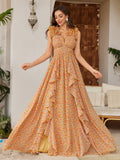 Womens Floral Printed Asymmetrical Slit Chiffon Lace Elegant Dress – Premium 0 | RICALOUX
