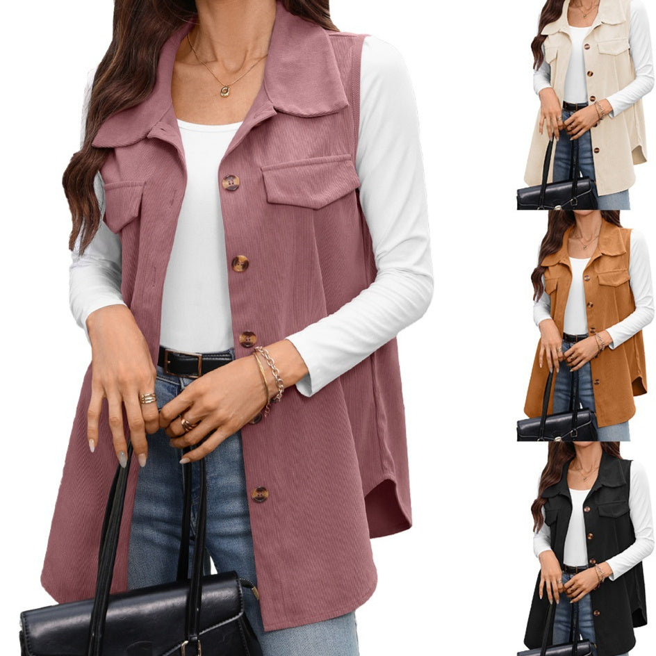 Solid-color Buttoned Corduroy Vest Jacket For Women by Ricaloux