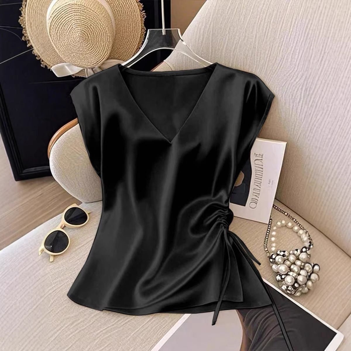 Womens Solid-Color Casual Satin V-Neck Top With Drawstring Hem - RICALOUX