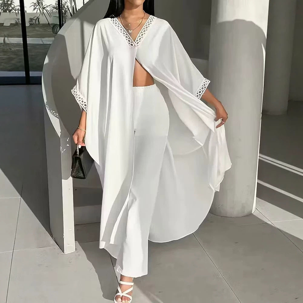 Womens Loose-Fit Batwing-Sleeve Lace V-Neck Coat And Pants Set by Ricaloux
