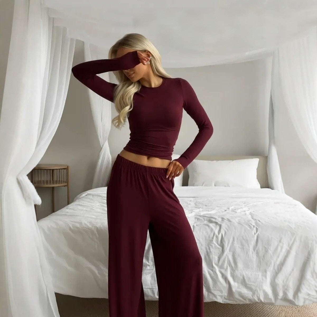 European And American-style Solid-color Long-sleeve Wide-leg Pants Set For Women by Ricaloux
