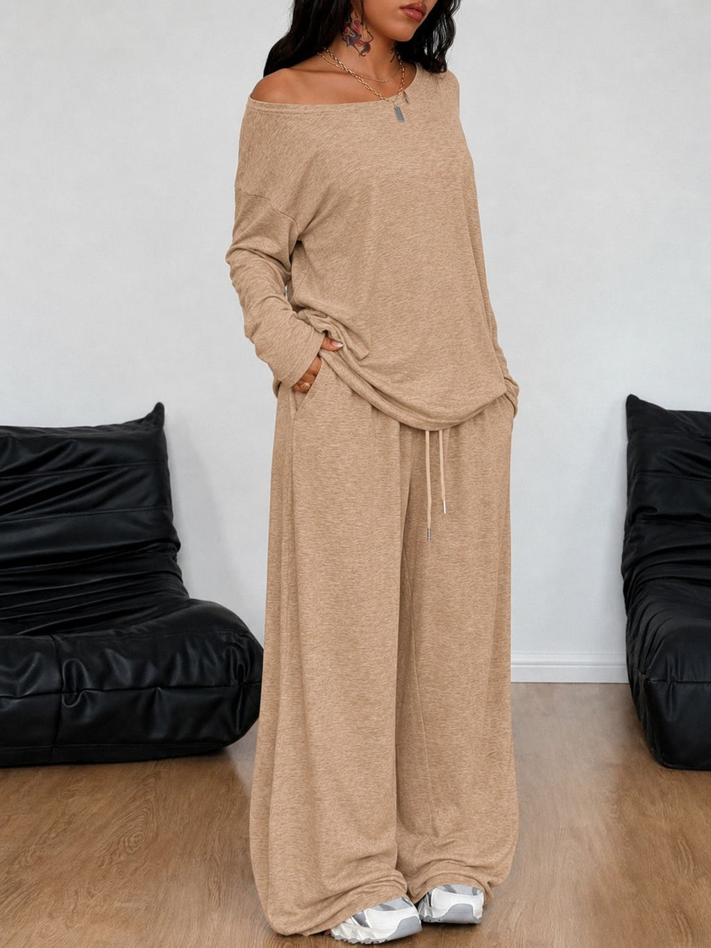 Womens Casual Loose-Fit Off-Shoulder Wide-Leg Pants Set – Premium 0 | RICALOUX