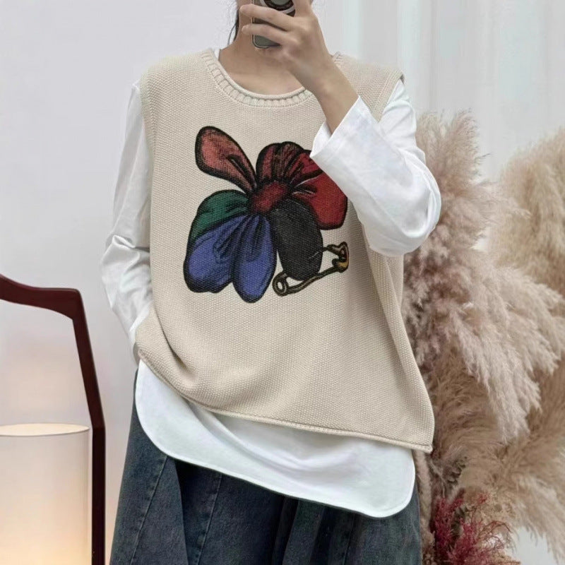 Womens Floral-Print Crew-Neck Loose-Fit Vintage Knitted Vest – Premium 0 | RICALOUX