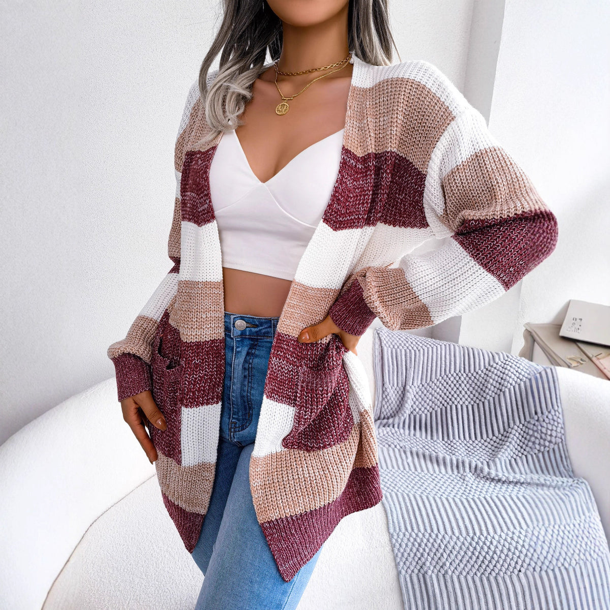 Striped Lantern-Sleeve Casual Cardigan Sweater Coat by Ricaloux