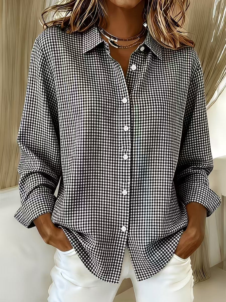 Versatile Lapel-collar Long-sleeve Plaid Shirt by Ricaloux