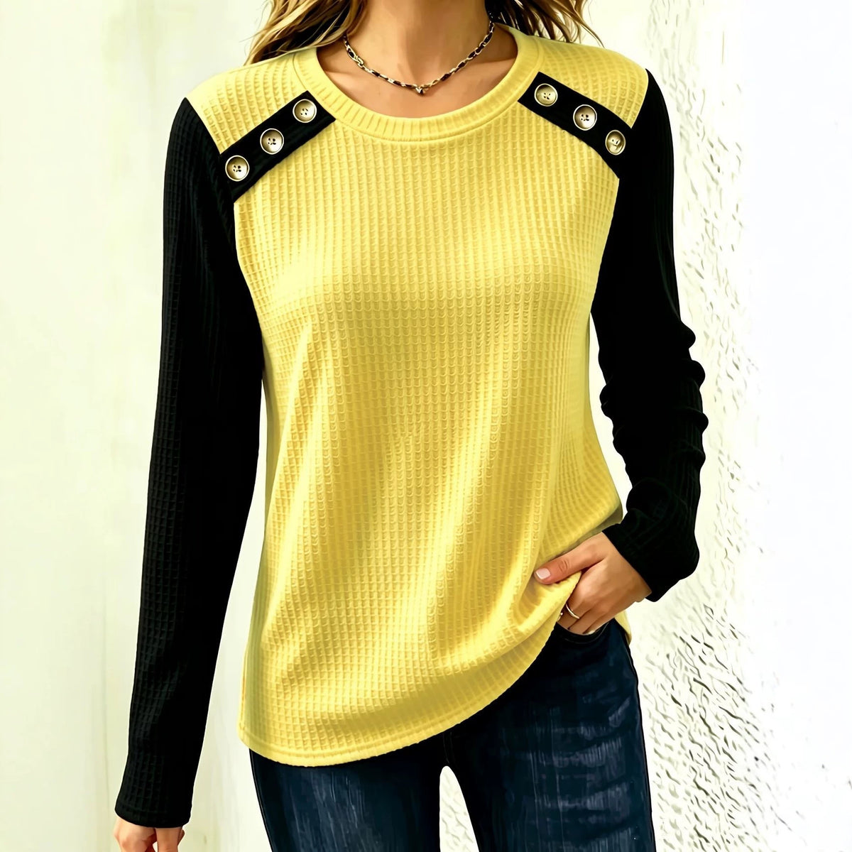FallWinter Crew-neck Patchwork Waffle-knit Long-sleeve Top by Ricaloux