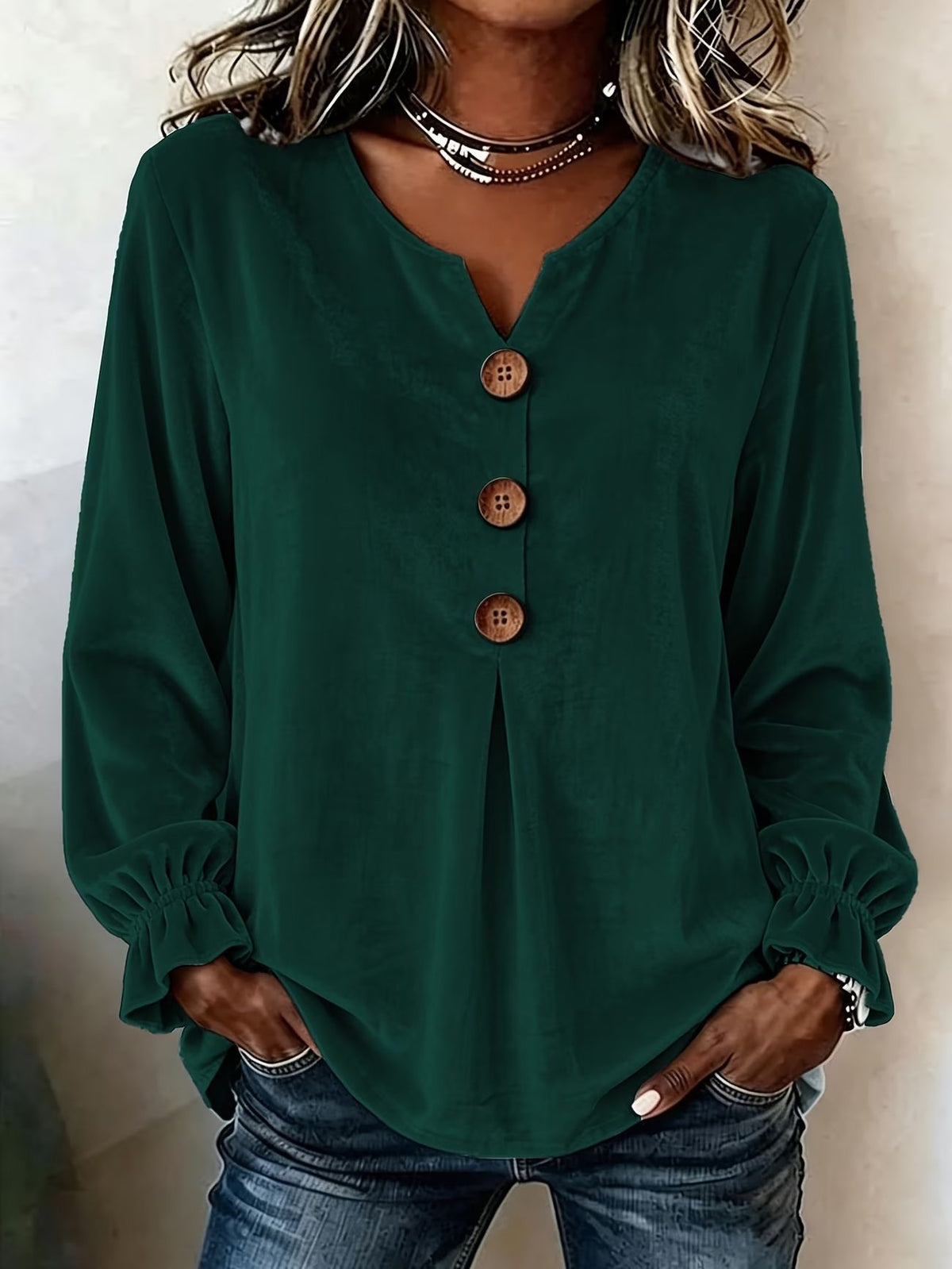 New Velvet Long Sleeve Blouse, Fashion V-Neck Button Shirt – Premium 4 | RICALOUX