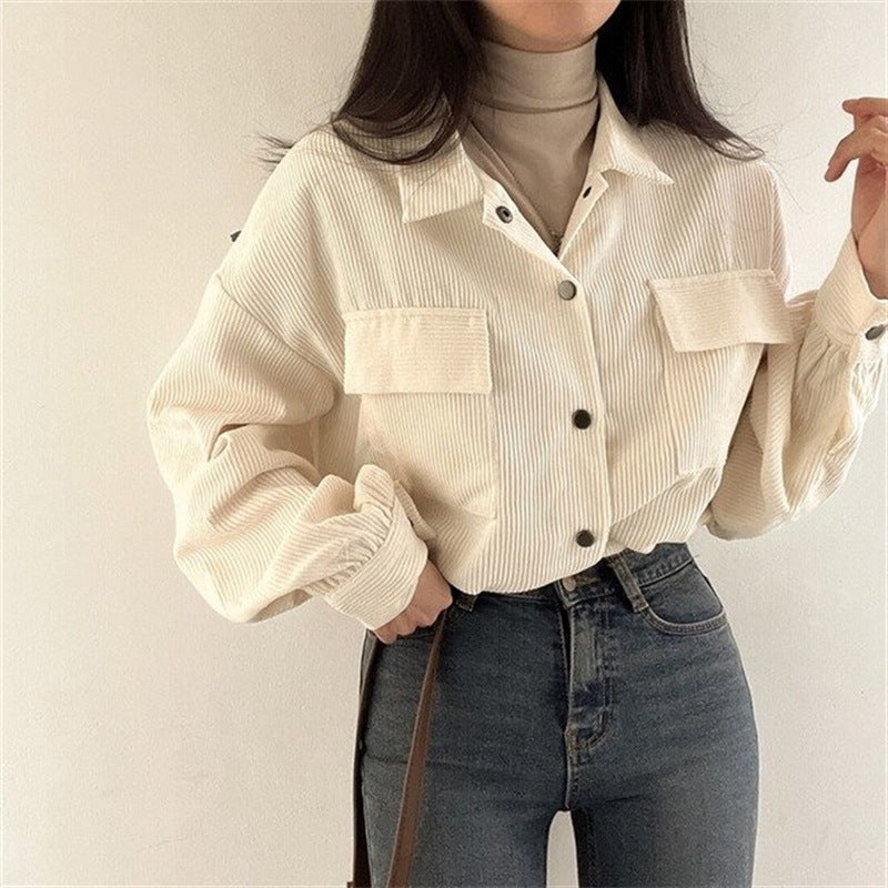 Notch-collar Cropped Drawstring Long-sleeve Shirt Corduroy Jacket – Premium 0 | RICALOUX