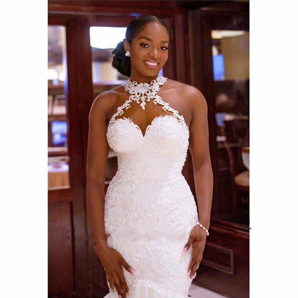 Vintage Lace Beaded Wedding Dresses Sheer Neck Mermaid Bridal Dresses Wedding Gowns - RICALOUX