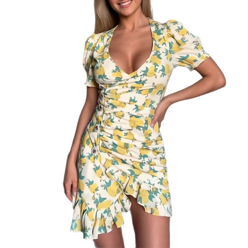 Sweet And Fresh V-neck Printed Ruffled Dress by Ricaloux