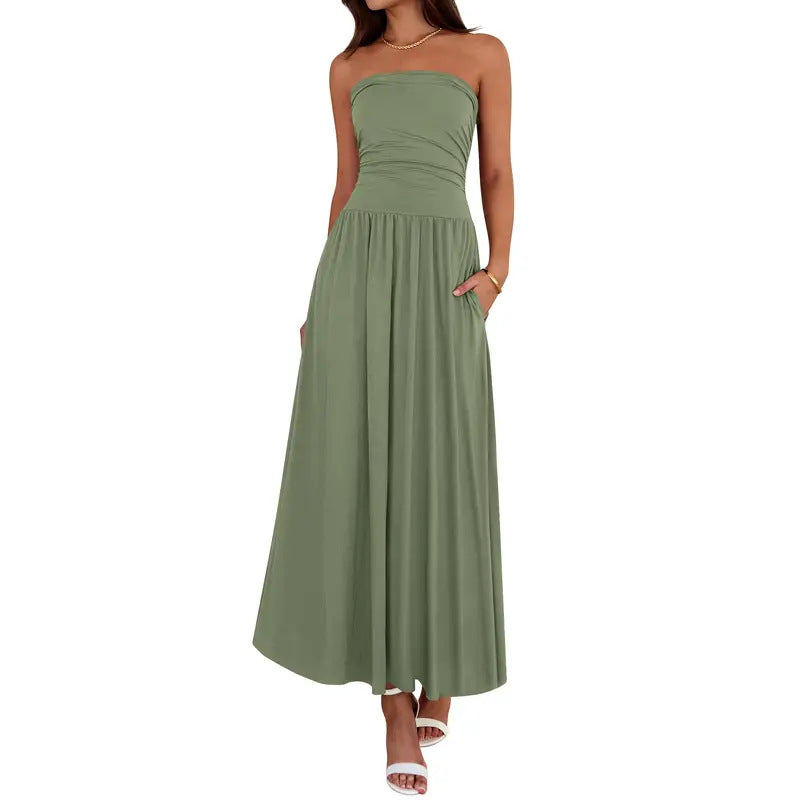 Vintage-tinged Pleated Patchwork Strapless Evening Dress by Ricaloux