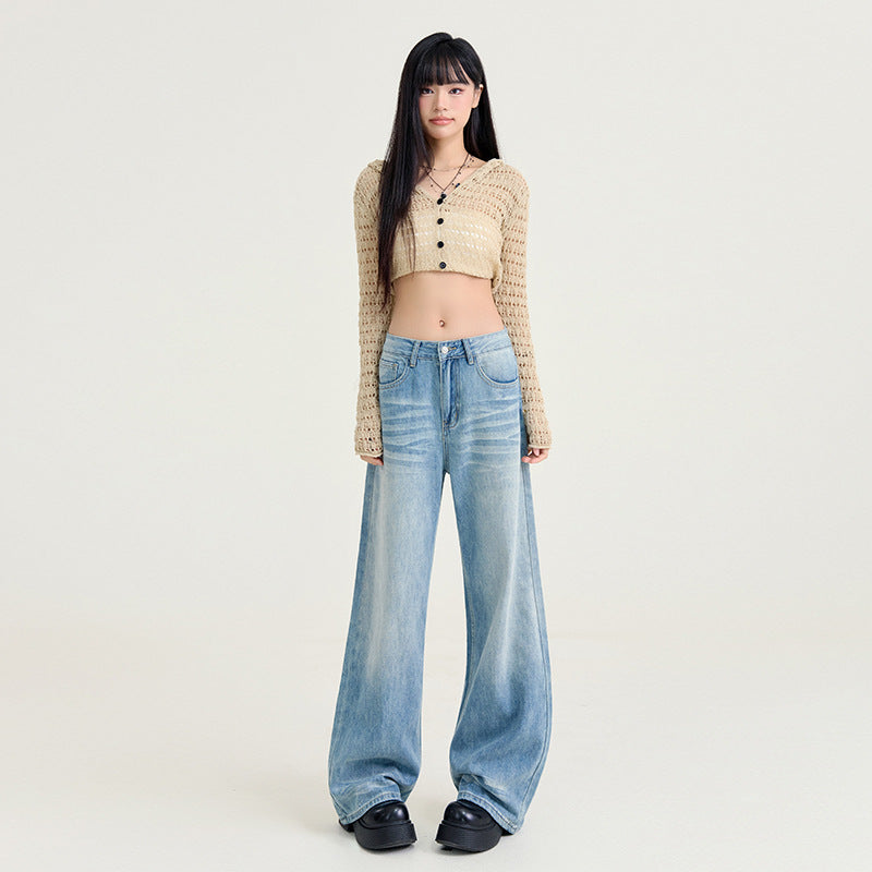 Womens Light-blue Washed Wide-leg Jeans – Premium 0 | RICALOUX