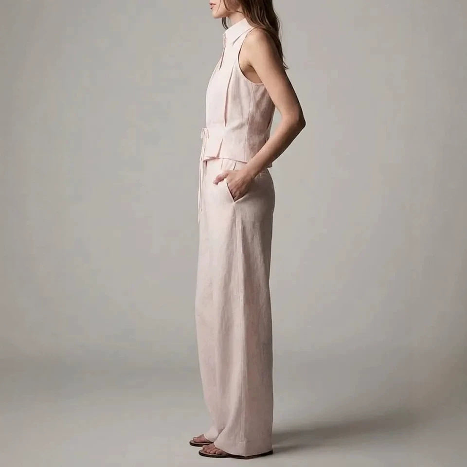 Cotton-linen Sleeveless Lapel Top With A Simple Straight-leg Pants Set by Ricaloux