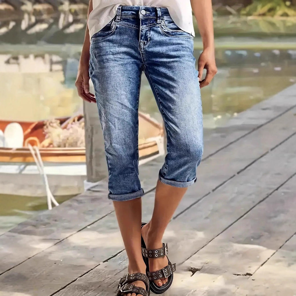 Crafted Wash Cuffed Hem Versatile Denim Mid-length Shorts by Ricaloux