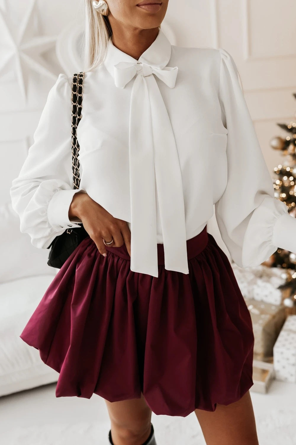 Womens Solid-Color Long-Sleeve Satin Blouse With Bow – Premium 0 | RICALOUX