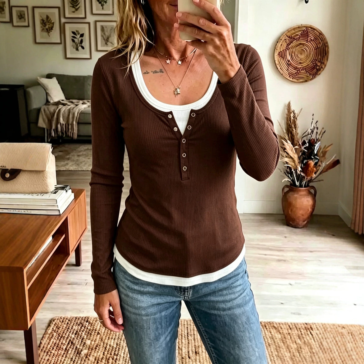 Womens Color-Block Fake Two-Piece Slim-Fit Casual Long-Sleeve T-Shirt – Premium 0 | RICALOUX