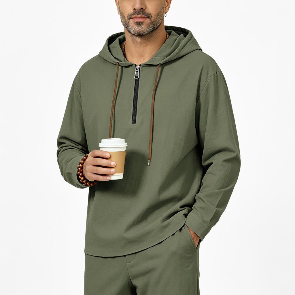 Mens Linen Hooded Half-Zip Sweatshirt by Ricaloux