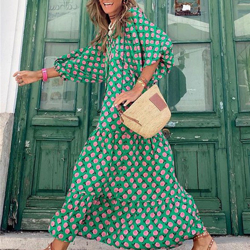 Womens Loose Long-Sleeve Dress With Floral Print And Puffed Sleeves Style For Europe And America by Ricaloux