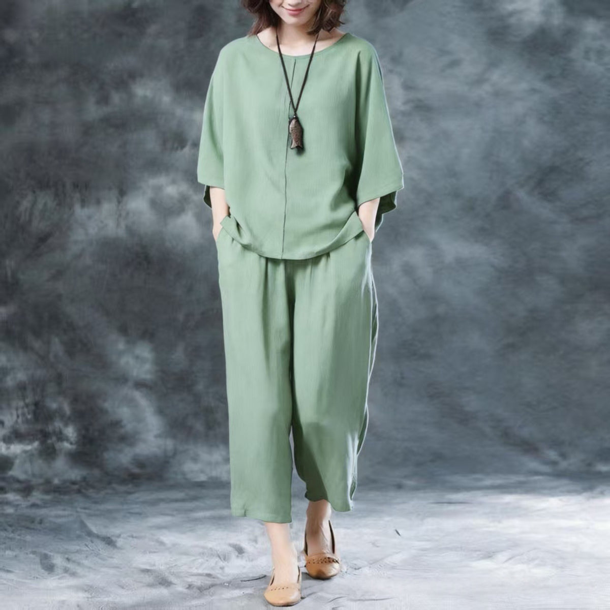 Womens Solid-Color Casual Wide-Leg Pants Set by Ricaloux