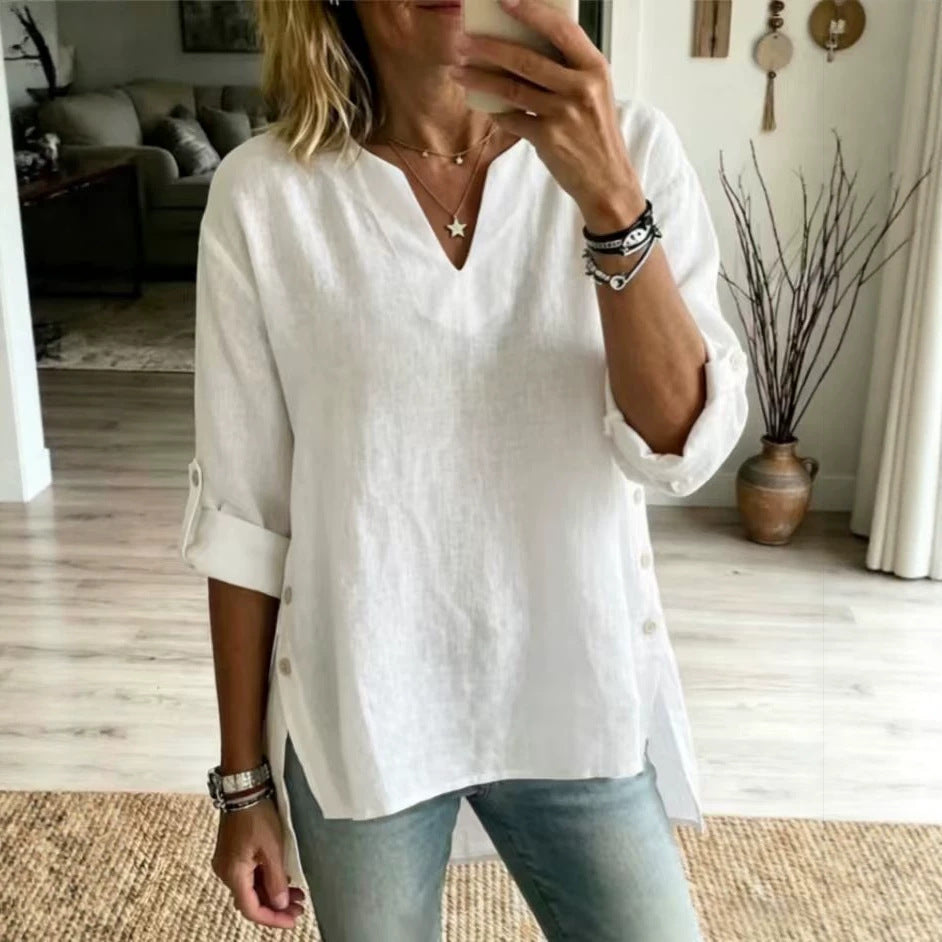 Loose Casual V-neck Three-quarter-sleeve T-shirt For Women by Ricaloux