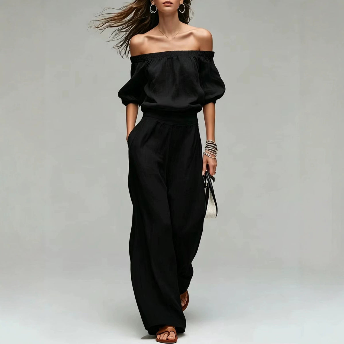 Cinched-top Blouse And Linen-textured Wide-leg Pants Set – Premium 0 | RICALOUX